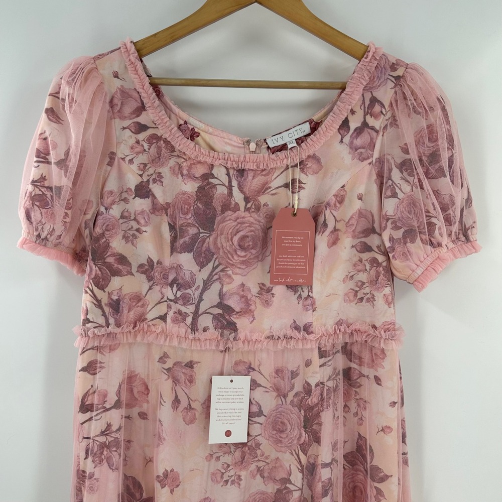 Ivy City Co Pink Floral Tulle Midi Dress XL NWT Ruffle Tiered Puff Sleeve Rose - Picture 2 of 10